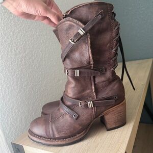 freebird Distressed Brown Leather Buckle Mid-Calf Heeled Boots